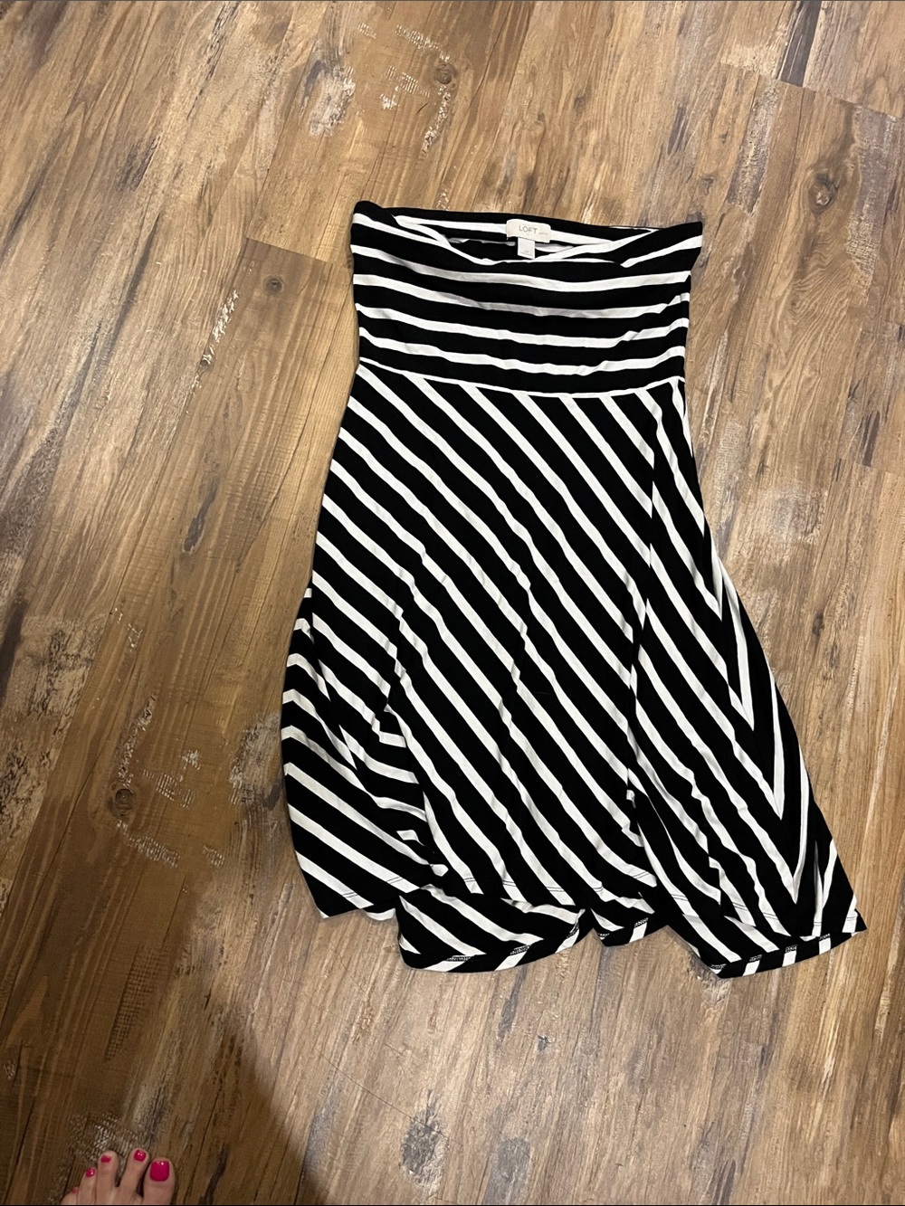 LOFT Black & White Strapless Diagonal Stripe Dress